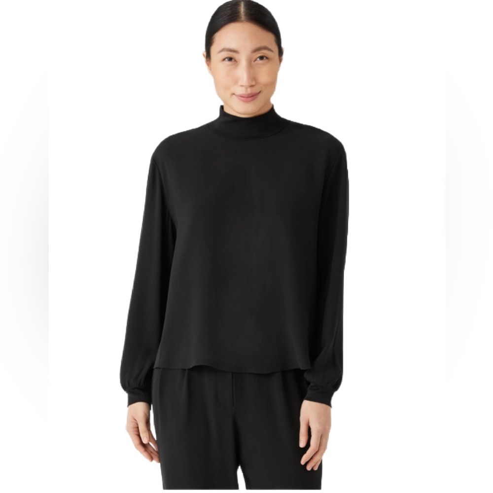 NWT Eileen Fisher Silk Georgette Crepe Mock Neck Top Size M